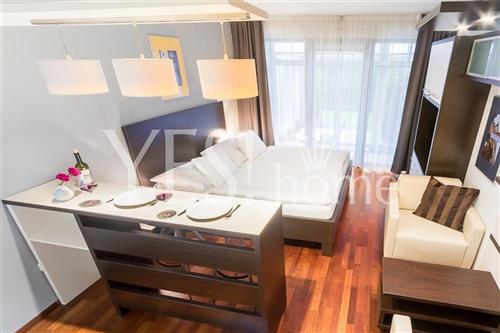 Pronájem luxusního zařízeného bytu 1+kk s balkonem a zahradou, 57 m2, Na Slupi, Praha 2 - Nové Město